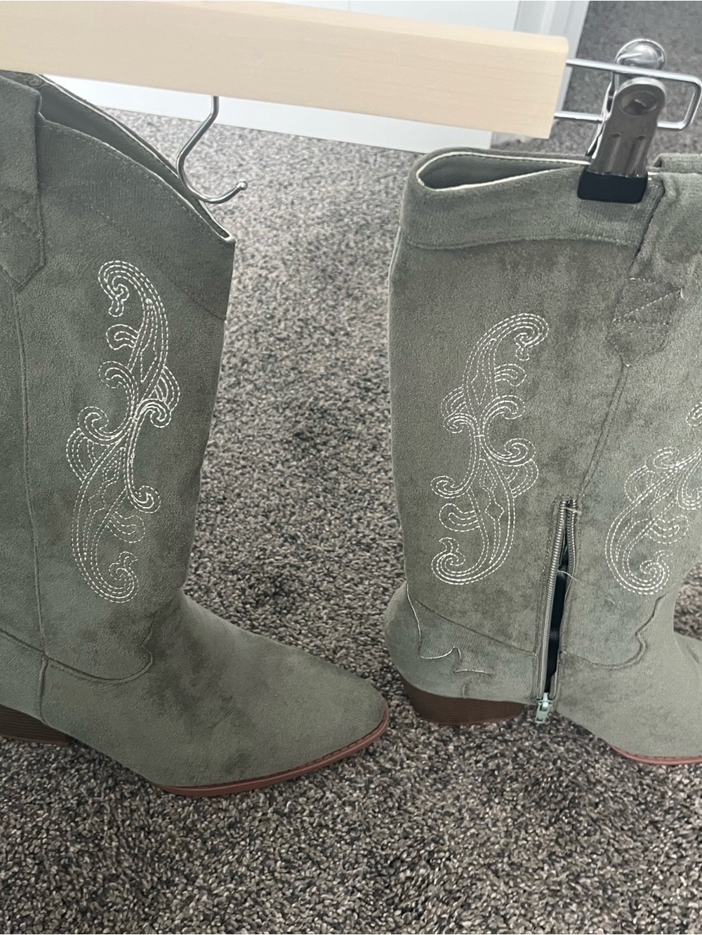 Women's Sage Green Suede like Western Boot with Embroidery W9